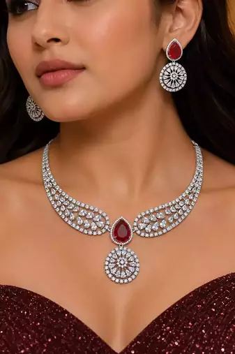 Ruby Red Teardrop Bridal Necklace Earrings Set, CZ Wedding Jewelry, Statement Choker Bridesmaid Gift