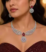 Ruby Red Teardrop Bridal Necklace Earrings Set, CZ Wedding Jewelry, Statement Choker Bridesmaid Gift