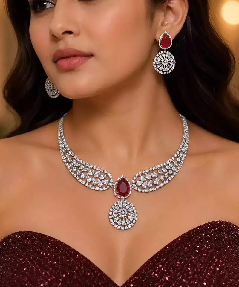 Ruby Red Teardrop Bridal Necklace Earrings Set, CZ Wedding Jewelry, Statement Choker Bridesmaid Gift