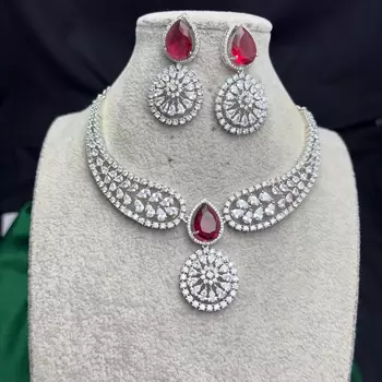 Ruby Red Teardrop Bridal Necklace Earrings Set, CZ Wedding Jewelry, Statement Choker Bridesmaid Gift 2
