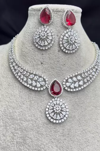 Ruby Red Teardrop Bridal Necklace Earrings Set, CZ Wedding Jewelry, Statement Choker Bridesmaid Gift