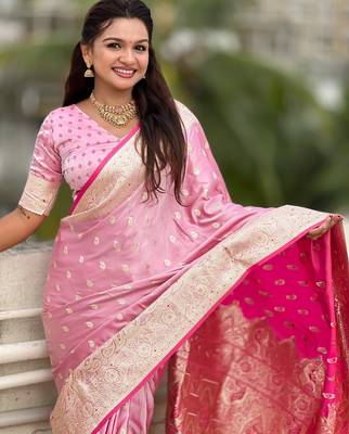 pink satin silk blend banarasi zari woven saree with unstitched blouse piece. 1