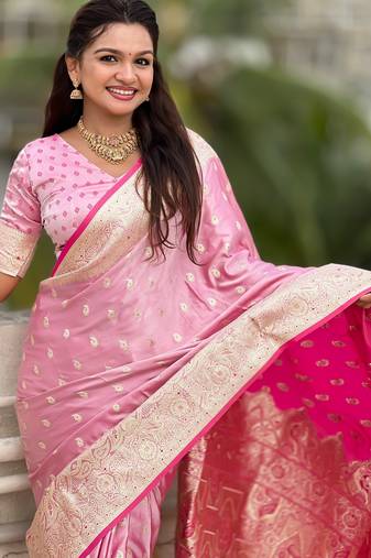 pink satin silk blend banarasi zari woven saree with unstitched blouse piece.