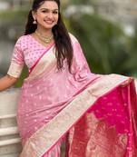 pink satin silk blend banarasi zari woven saree with unstitched blouse piece.