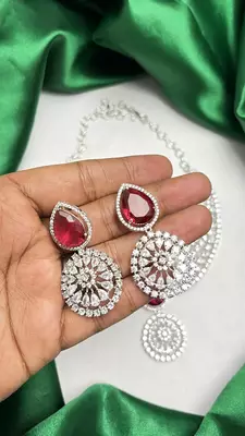 Ruby Red Teardrop Bridal Necklace Earrings Set, CZ Wedding Jewelry, Statement Choker Bridesmaid Gift 3