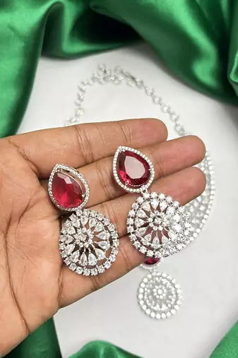 Ruby Red Teardrop Bridal Necklace Earrings Set, CZ Wedding Jewelry, Statement Choker Bridesmaid Gift