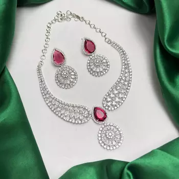 Ruby Red Teardrop Bridal Necklace Earrings Set, CZ Wedding Jewelry, Statement Choker Bridesmaid Gift 4