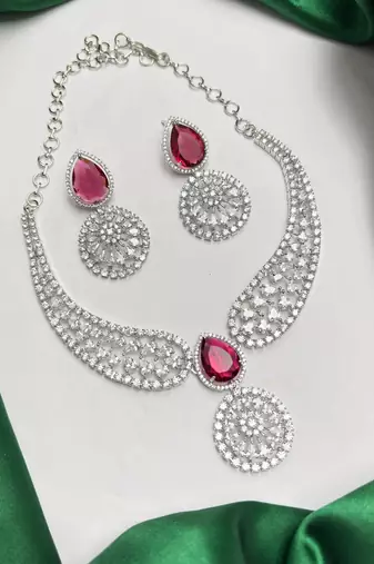 Ruby Red Teardrop Bridal Necklace Earrings Set, CZ Wedding Jewelry, Statement Choker Bridesmaid Gift