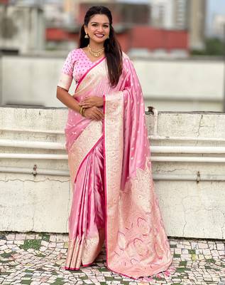 pink satin silk blend banarasi zari woven saree with unstitched blouse piece. 2