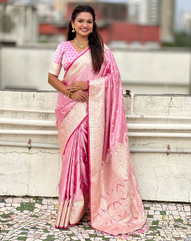 pink satin silk blend banarasi zari woven saree with unstitched blouse piece.