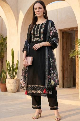 Women Floral Regular Thread Work Linen Kurta with Trousers & With Dupatta