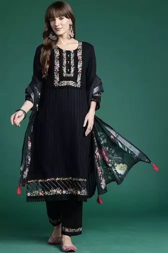 Women Floral Regular Thread Work Linen Kurta with Trousers & With Dupatta