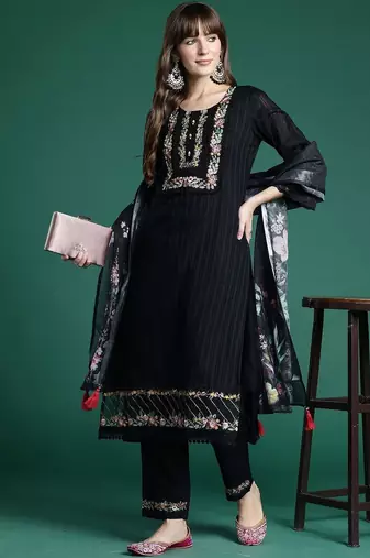 Women Floral Regular Thread Work Linen Kurta with Trousers & With Dupatta