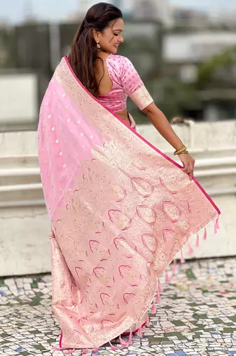 pink satin silk blend banarasi zari woven saree with unstitched blouse piece.