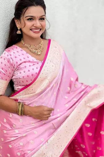 pink satin silk blend banarasi zari woven saree with unstitched blouse piece.