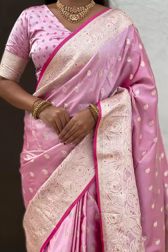 pink satin silk blend banarasi zari woven saree with unstitched blouse piece.