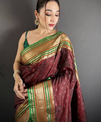 maroon silk blend zari woven saree with unstitched blouse piece. 1