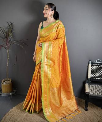 mustard silk blend zari woven saree with unstitched blouse piece. 2