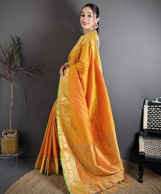 mustard silk blend zari woven saree with unstitched blouse piece. 3