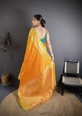 mustard silk blend zari woven saree with unstitched blouse piece. 4