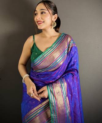 purple silk blend zari woven saree with unstitched blouse piece. 1