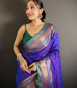 purple silk blend zari woven saree with unstitched blouse piece.