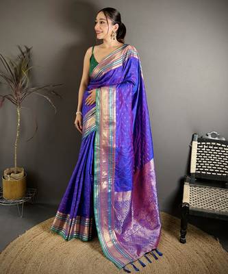 purple silk blend zari woven saree with unstitched blouse piece. 2