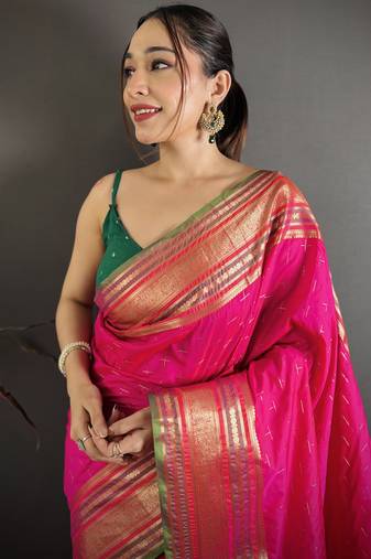 rani silk blend zari woven saree with unstitched blouse piece.