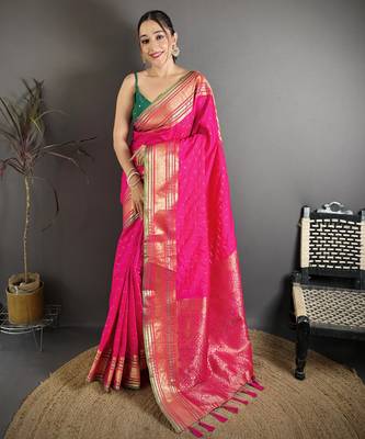rani silk blend zari woven saree with unstitched blouse piece. 2