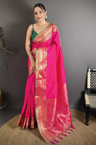 rani silk blend zari woven saree with unstitched blouse piece.