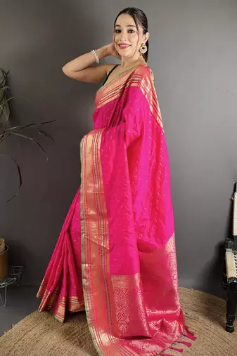 rani silk blend zari woven saree with unstitched blouse piece.