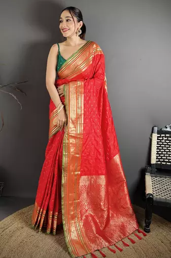 red silk blend zari woven saree with unstitched blouse piece.