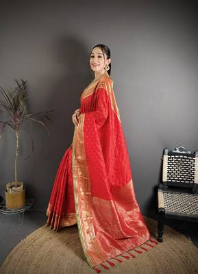 red silk blend zari woven saree with unstitched blouse piece. 3