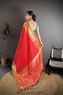 red silk blend zari woven saree with unstitched blouse piece. 4
