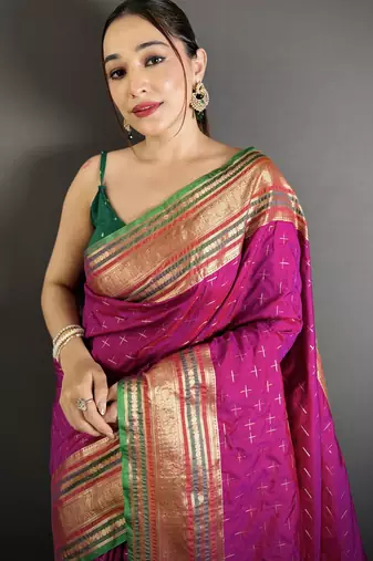 wine silk blend zari woven saree with unstitched blouse piece.