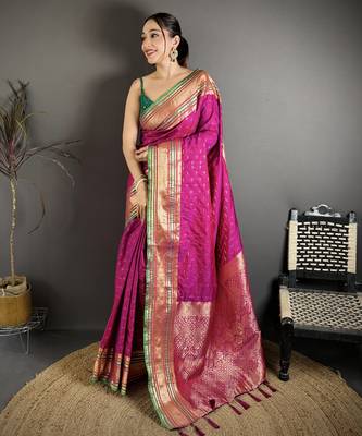 wine silk blend zari woven saree with unstitched blouse piece. 2