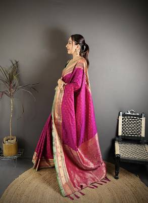 wine silk blend zari woven saree with unstitched blouse piece. 3