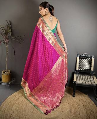wine silk blend zari woven saree with unstitched blouse piece. 4