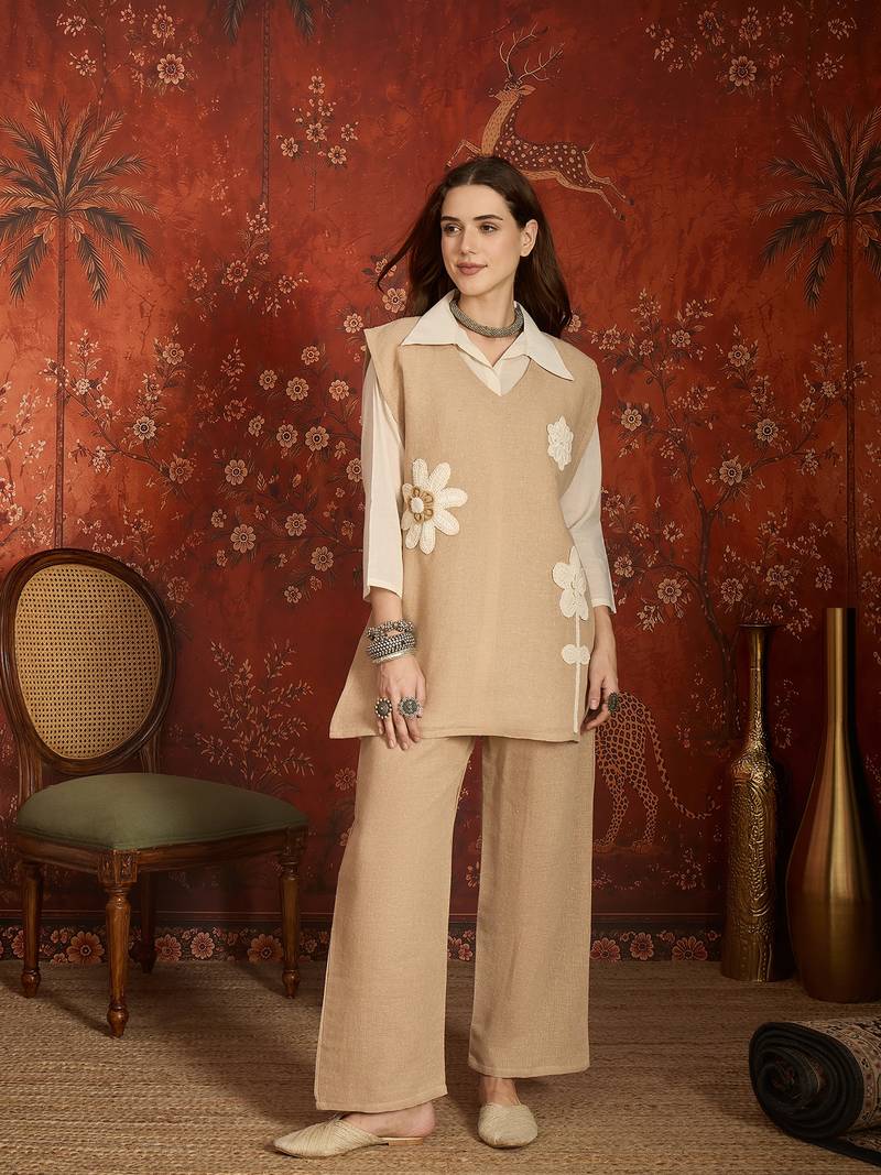 Beige cotton shirt with jute cotton koti & pant co-ord set