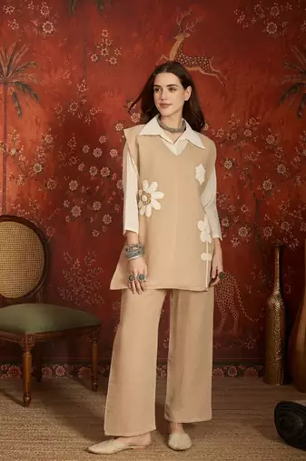 Beige cotton shirt with jute cotton koti & pant co-ord set
