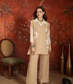 Beige cotton shirt with jute cotton koti & pant co-ord set