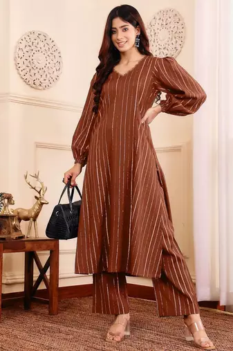 Striped V-Neck A-Line Kurta With Trousers