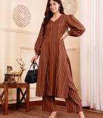 Striped V-Neck A-Line Kurta With Trousers