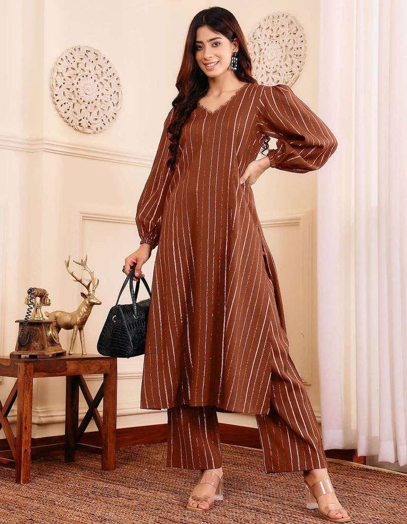 Striped V-Neck A-Line Kurta With Trousers