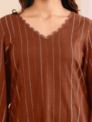 Striped V-Neck A-Line Kurta With Trousers 2