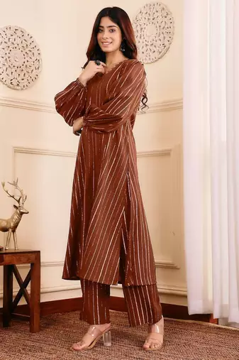 Striped V-Neck A-Line Kurta With Trousers