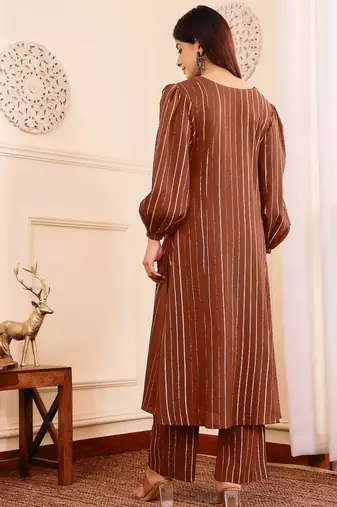 Striped V-Neck A-Line Kurta With Trousers