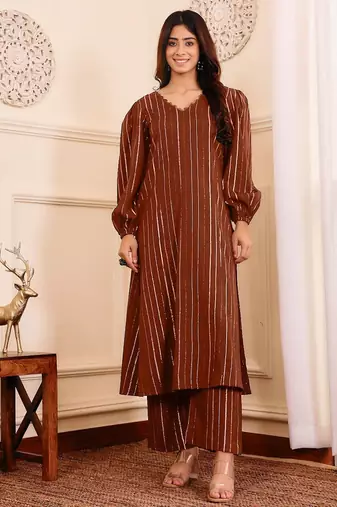 Striped V-Neck A-Line Kurta With Trousers