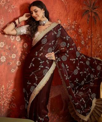 Maroon tissue satin embroidered sequin saree with unstitched blouse piece. 1
