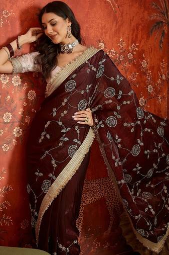 Maroon tissue satin embroidered sequin saree with unstitched blouse piece.